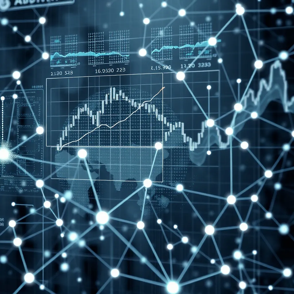 A high-tech digital interface showing financial charts, data