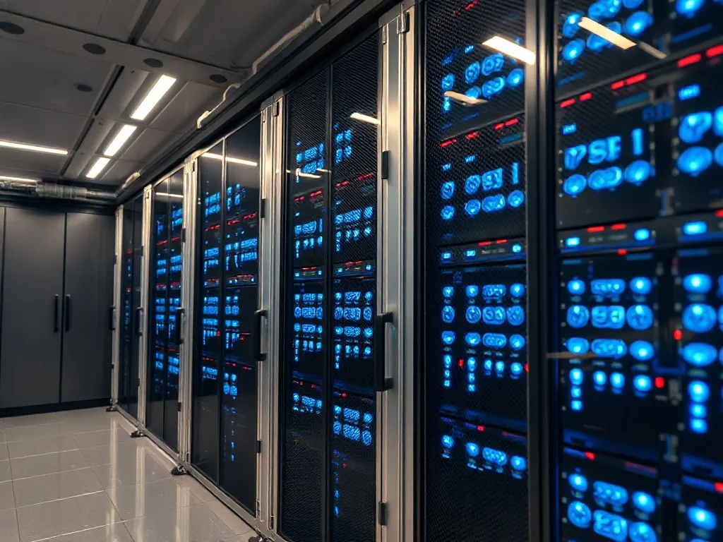 Industrial server room with steel racks and blue LED indicat