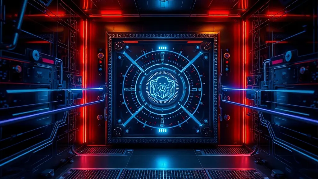 A high-tech digital vault with glowing blue data lines, futu